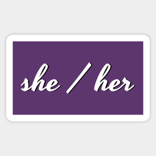 she / her (upper corner script) Sticker